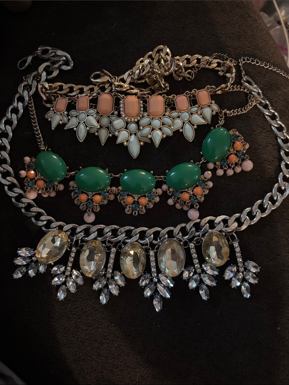 Statement Layered Necklace Set with Green and Pink Accents